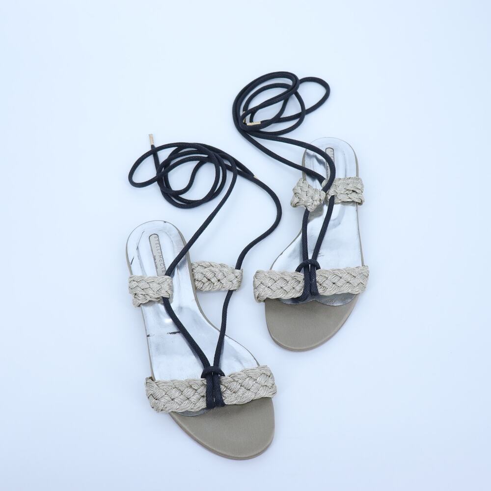 STELLA MCCARTNEY Gladiator Sandals Taupe Black Braided Lace Women's 37.5/US 7.5